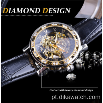 Melhor marca vencedora da moda Golden Retro Relogio Masculino Mecânico Skeleton Diamond Display Luxo Relógio de Pulso Relogio Masculino